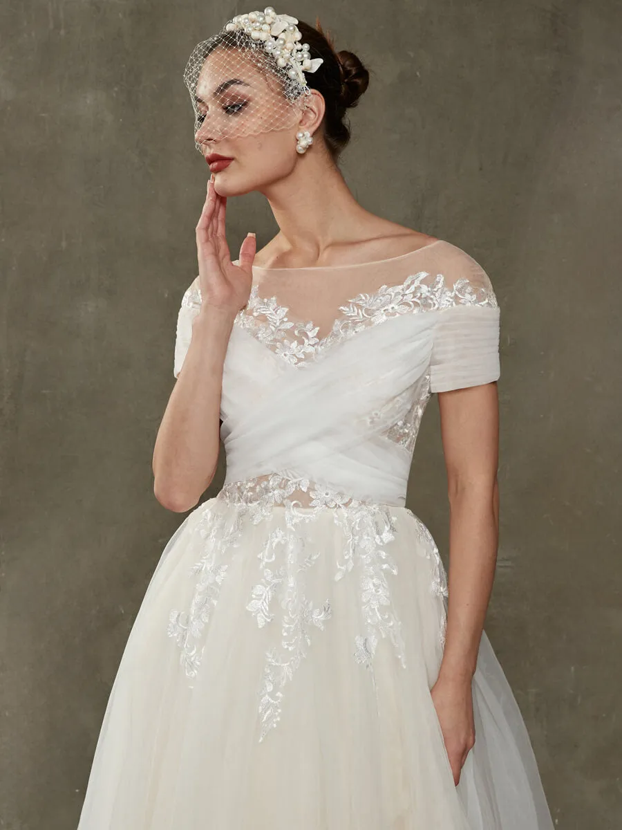 A-Line Tulle Lace Floor Length Sweetheart Wedding Dress With Sleeves