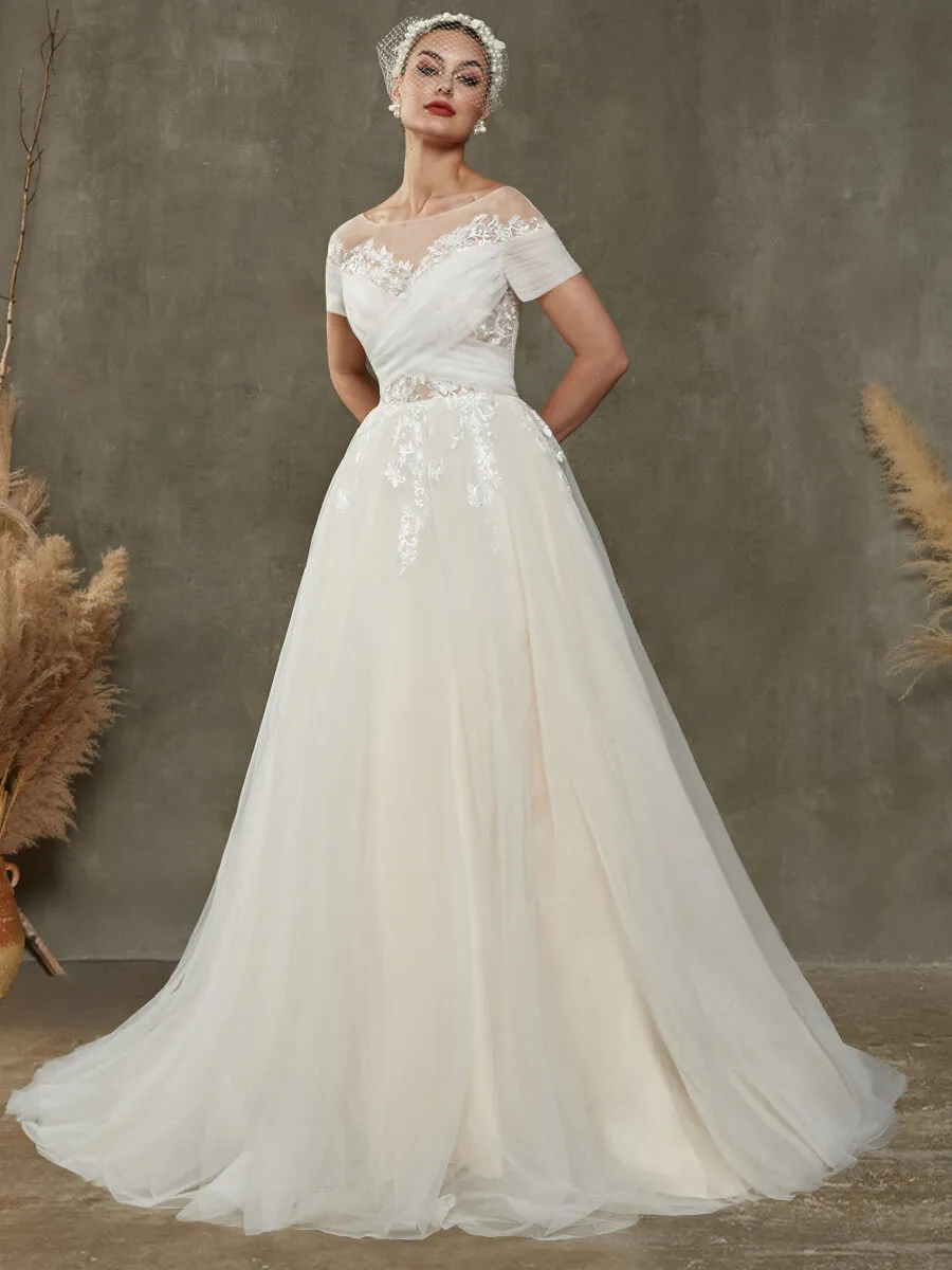 A-Line Tulle Lace Floor Length Sweetheart Wedding Dress With Sleeves