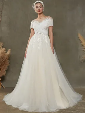 A-Line Tulle Lace Floor Length Sweetheart Wedding Dress With Sleeves