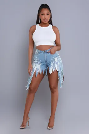 Between The Lines Cut Up Denim Shorts - Blue