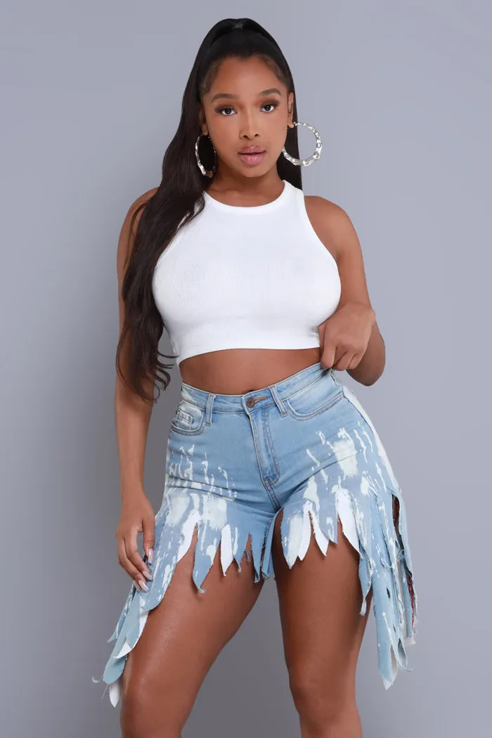 Between The Lines Cut Up Denim Shorts - Blue