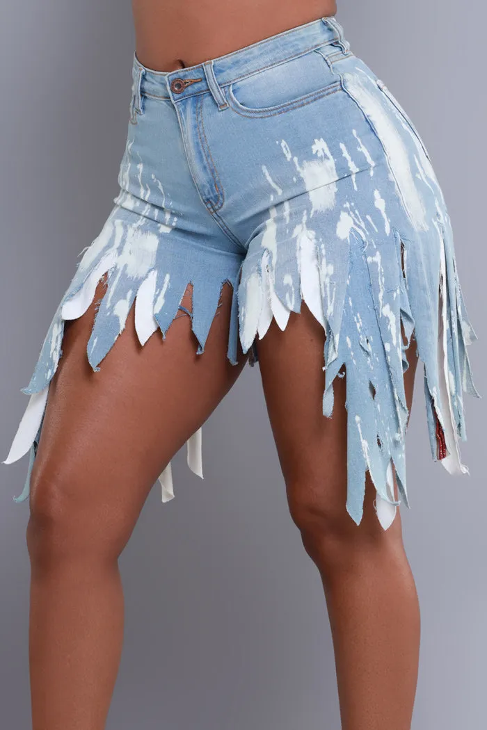 Between The Lines Cut Up Denim Shorts - Blue