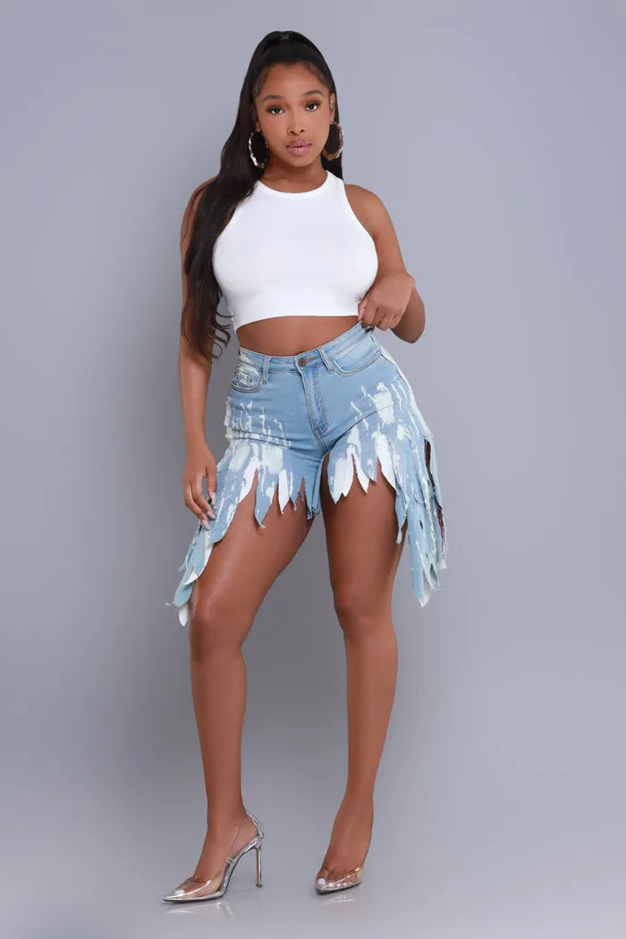 Between The Lines Cut Up Denim Shorts - Blue