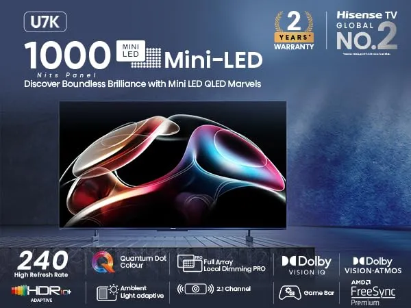 Hisense 215 cm (85 inches) 4K Ultra HD Smart Mini LED TV 85U7K (Black)