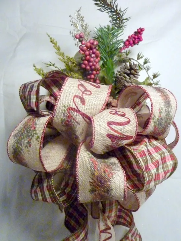 Ribbon Christmas Tree topper, Burgundy and Green Noel Ribbon tree topper.